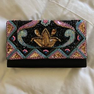 Gildas sequined evening clutch card slot inside snap closure black multicolor